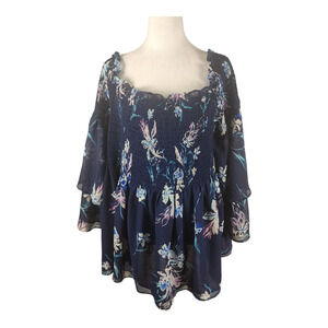Lane Bryant Navy Blue Floral Print Sheer Bell Sleeves Tunic Blouse Women's Sz 22
